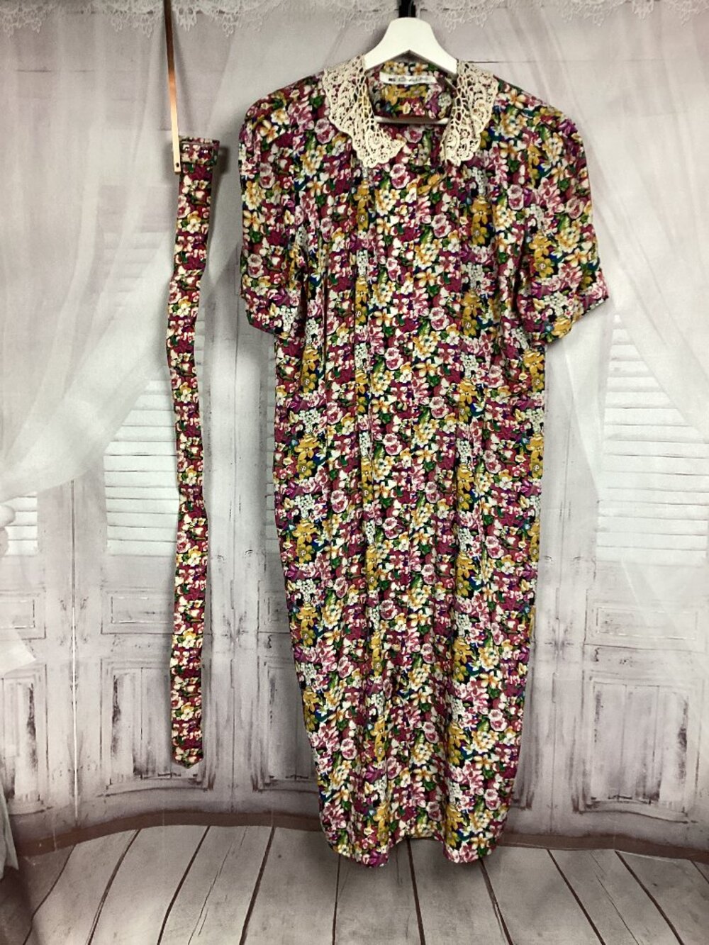 Ms Chaus Vintage 90s Floral Dress Midi Dress w/ Belt 14